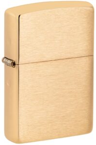 Front view of the Brushed Brass Classic Case Lighter shot at a 3/4 angle