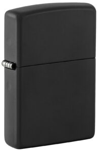 Front shot of Classic Black Matte Windproof Lighter standing at a 3/4 angle