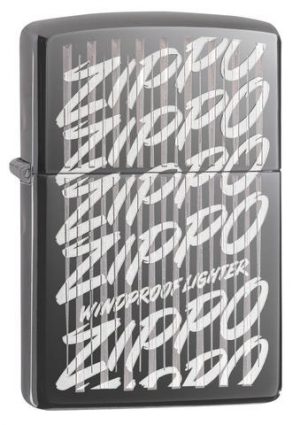 Front shot of Zippo Script Windproof Lighter standing at a 3/4 angle
