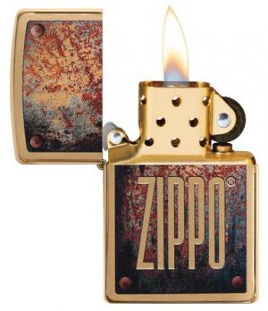 Rusty Plate Design Windproof Lighter with its lid open and lit.