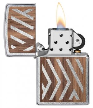 WOODCHUCK USA Herringbone Sweep Windproof Lighter with its lid open and lit
