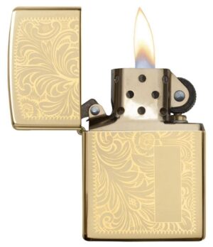 352B, Venetian Lighter with Initial Panel, Lustre Engraving on High Polish Brass Finish