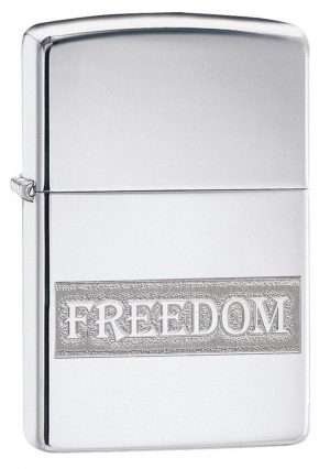 Etched Freedom Design High Polish Chrome windproof lighter facing forward at a 3/4 angle