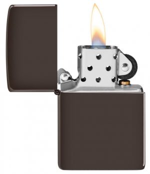 Brown windproof lighter facing forward at a 3/4 angle