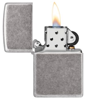 Armor® Antique Silver Plate Windproof Lighter with its lid open and lit