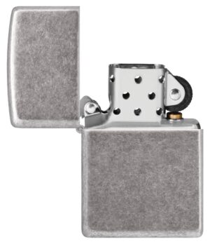 Armor® Antique Silver Plate Windproof Lighter with its lid open and unlit