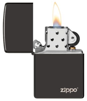 Classic High Polish Black Zippo Logo Windproof Lighter with its lid open and lit.