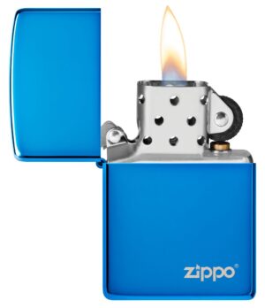 Classic High Polish Blue Zippo Logo Windproof Lighter with its lid open and lit