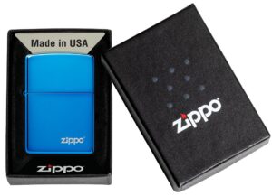 Classic High Polish Blue Zippo Logo Windproof Lighter in its packaging
