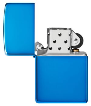 High Polish Blue Windproof Lighter with its lid open and unlit.