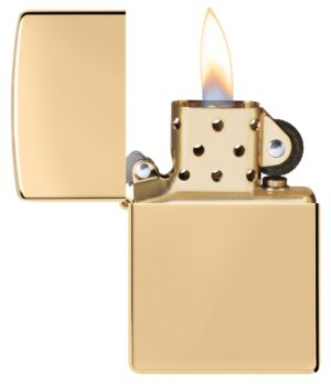 Classic High Polish Brass Windproof Lighter with its lid open and lit