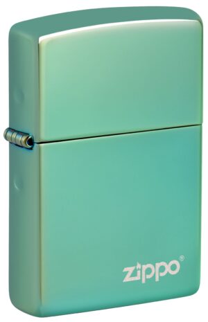 Front shot of Classic High Polish Green Zippo Logo Windproof Lighter standing at a 3/4 angle
