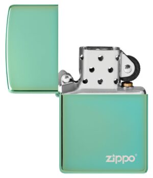 Classic High Polish Green Zippo Logo Windproof Lighter with its lid open and unlit