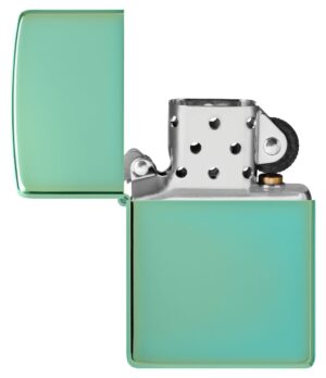 Classic High Polish Green Windproof Lighter with its lid open and unlit