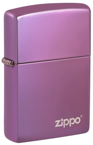 Front shot of Classic High Polish Purple Zippo Logo standing at a 3/4 angle