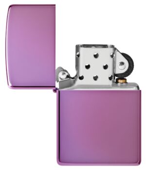 Classic High Polish Purple Windproof Lighter with its lid open and unlit.