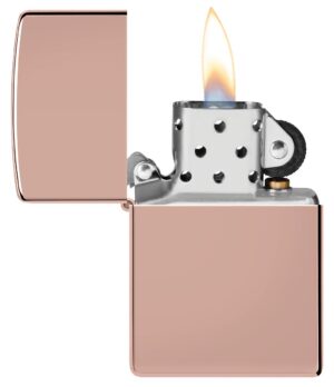 High Polish Rose Gold windproof lighter with the lid open and lit