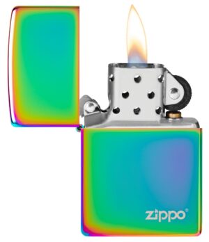 Classic Multi Color Zippo Logo Windproof Lighter with its lid open and lit.