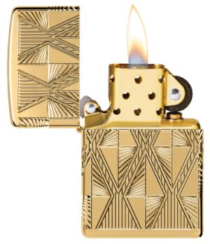 Luxury Diamond Design Windproof Lighter with its lid open and lit.