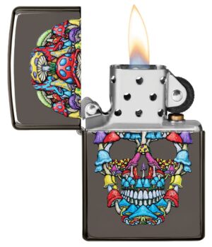 Mushroom Skull Design Windproof Lighter with its lid open and lit