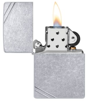 Street Chrome™ Vintage with Slashes Windproof Lighter with its lid open and lit