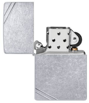 Street Chrome™ Vintage with Slashes Windproof Lighter with its lid open and unlit