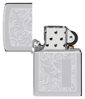 High Polish Brass Venetian Lighter with Initial Panel open and lit