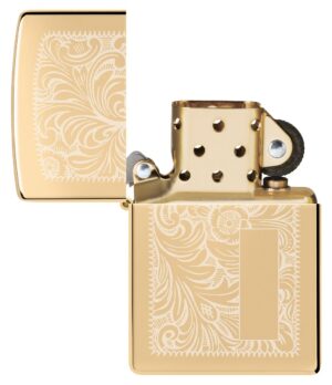 High Polish Brass Venetian Lighter with Initial Panel open and unlit