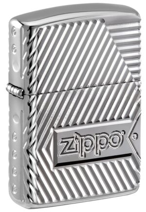 Back view shot of Zippo Bolts Design Windproof Lighter standing at a 3/4 angle