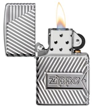 Zippo Bolts Design Windproof Lighter with its lid open and lit