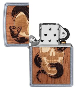 WOODCHUCK USA Skull & Snake Windproof Lighter with its lid open and unlit