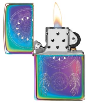 Dream Catcher Windproof Lighter with its lid open and lit.