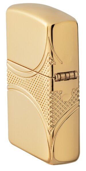 Angled shot of Armor® Fleur-de-lis Design Windproof Lighter showing the back and hinge side of the lighter.
