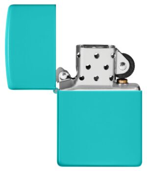 Classic Flat Turquoise Windproof Lighter with its lid open and unlit