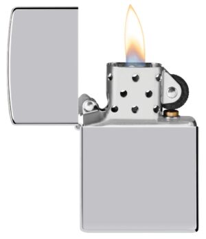 Classic High Polish Chrome Windproof Lighter with its lid open and lit