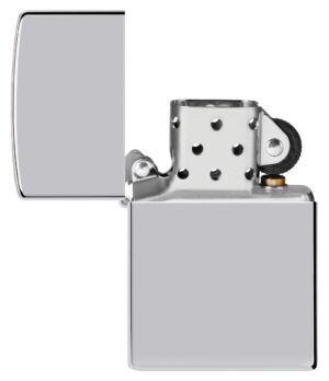 Classic High Polish Chrome Windproof Lighter with it's lid open and unlit.