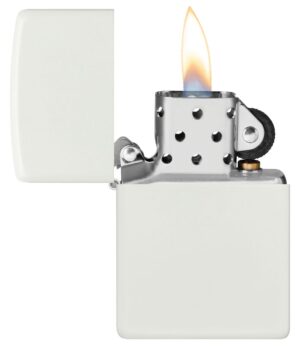 Classic White Matte Windproof Lighter with its lid open and lit