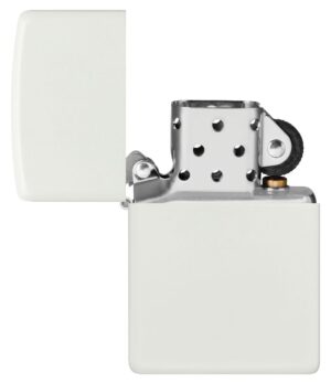 Classic White Matte Windproof Lighter with its lid open and unlit