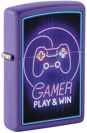 Front shot of Gamer Design Windproof Lighter standing at a 3/4 angle