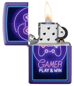 Gamer Design Windproof Lighter with its lid open and lit