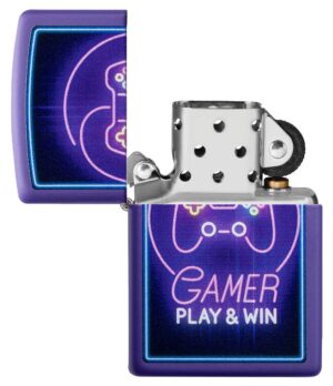 Gamer Design Windproof Lighter with its lid open and unlit
