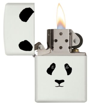 Panda Classic White Matte Windproof Lighter with its lid open and lit