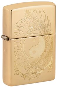 Front shot of Tiger and Dragon Design Windproof Lighter standing at a 3/4 angle.