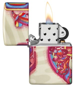 Trippy Design Windproof Lighter with its lid open and lit
