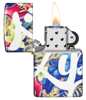 Zippo Design Floral Flair Windproof Lighter with its lid open and lit.