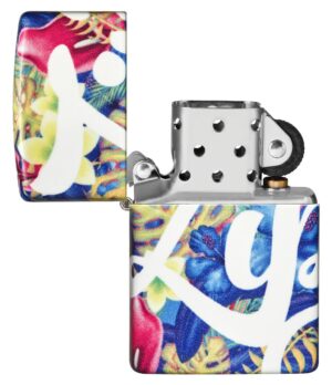 Zippo Design Floral Flair Windproof Lighter with its lid open and unlit.