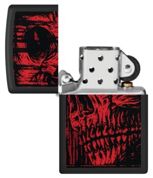 Red Skull Design Black Matte Windproof Lighter with its lid open and unlit.