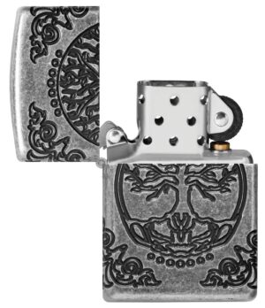 Armor® Tree of Life Windproof Lighter with its lid open and unlit.