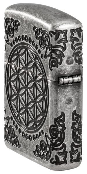 Angled shot of Armor® Tree of Life Windproof Lighter, showing the back and hinge side of the lighter.