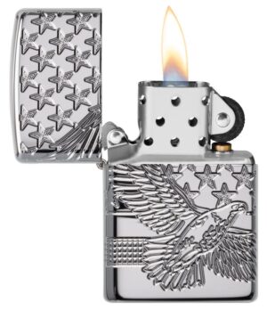 Patriotic Design Windproof Lighter with its lid open and lit